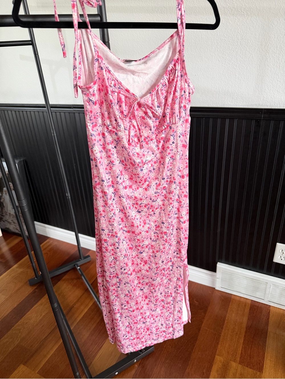 SHEIN Pink Floral Tie-Shoulder Midi Slip Dress